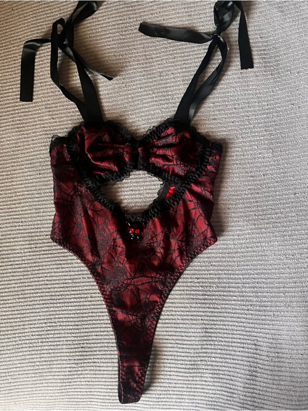 Y2K Red and Black Lace with Diamond skull and Cutout Bodysuit
